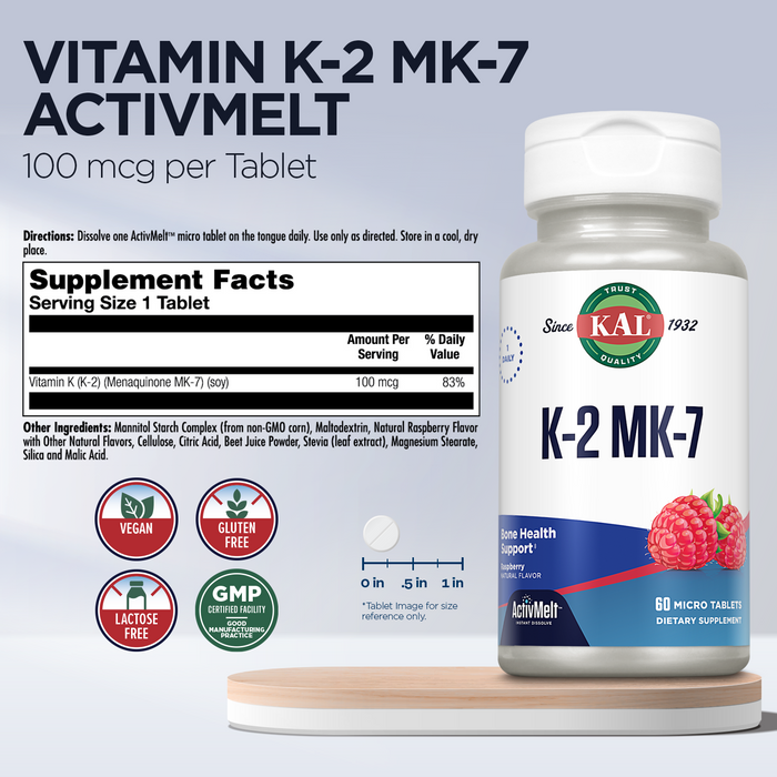 KAL Vitamin K2 MK7 ActivMelt 100 mcg, Vitamin K Supplement as Superior K2 MK7, Bone Health, Heart and Artery Health Support, Natural Raspberry Flavor, Vegan, Gluten Free, 60 Servings, 60 Micro Tablets