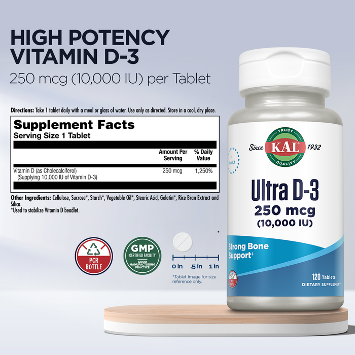 KAL Ultra Vitamin D3 10000 IU 250 mcg, High Potency Vitamin D Tablets, Calcium Absorption, Bone Health and Immune Support Supplement, Rapid Disintegration D-3 ActivTabs, 120 Servings, 120 Tablets