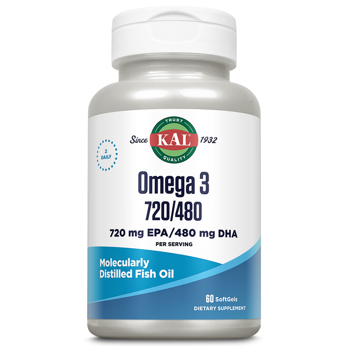 KAL Omega 3 Fish Oil 2,400 mg - 720/480 EPA DHA Supplements - Eye, Brain, and Joint Support Supplement - Molecularly Distilled and Lab Verified - 60-Day Guarantee - 30 Servings, 60 Softgels