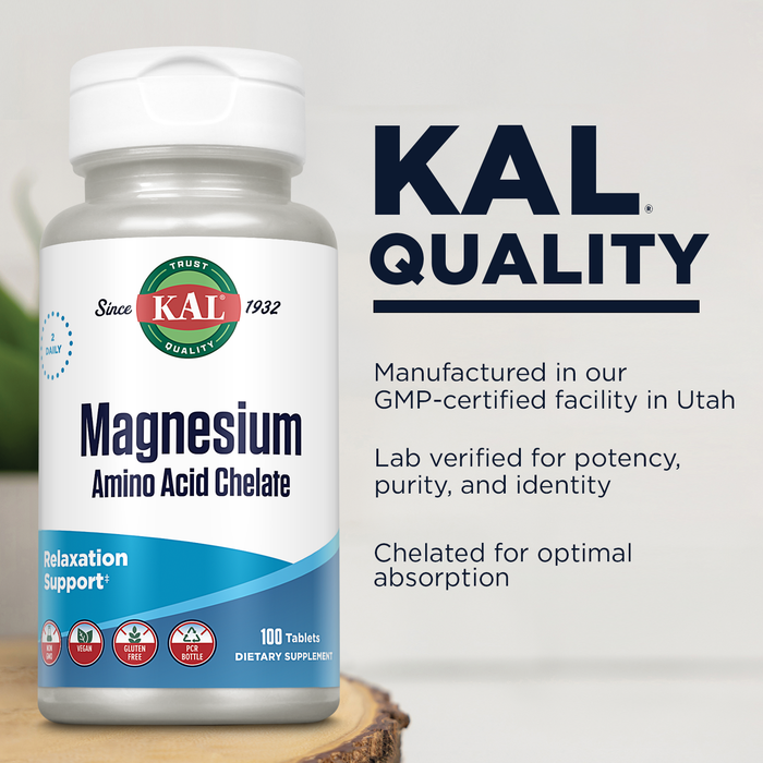 KAL Magnesium Amino Acid Chelate 220mg, Chelated Magnesium Supplement w/ B Vitamins, Relaxation, Bone Strength, Heart Health, Nerve and Muscle Function Support, Vegan, Gluten Free, 50 Serv, 100 Tabs