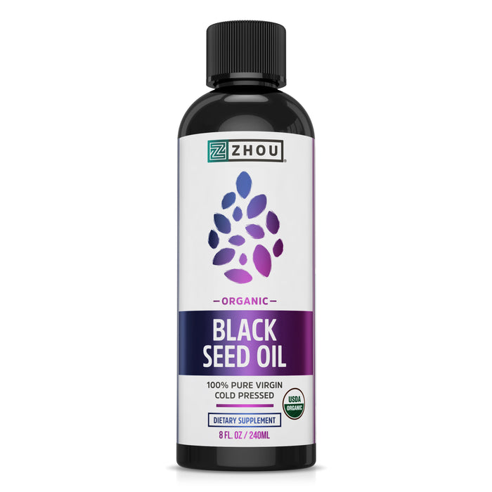 Zhou Organic Black Seed Oil | 100% Virgin | Cold Pressed Omega 3 6 9 | Super antioxidant for Immune Support, Joints, Digestion, Hair & Skin | 8oz