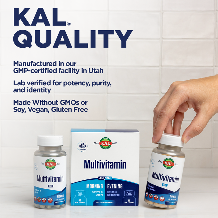 KAL Multivitamin AM/PM, 2-in-1 Womens and Mens Multivitamins Supplements, Turmeric, Tart Cherry, Organic Matcha and Spirulina for Immune,and Cellular Support, Gluten Free, 30 Servings, 120 Tablets