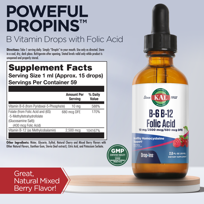 KAL B-6 B-12 Folic Acid DropIns, Natural Mixed Berry Flavor , Vitamin B Complex Drops with 5-MTHF for Healthy Cardiovascular Support , 2 oz