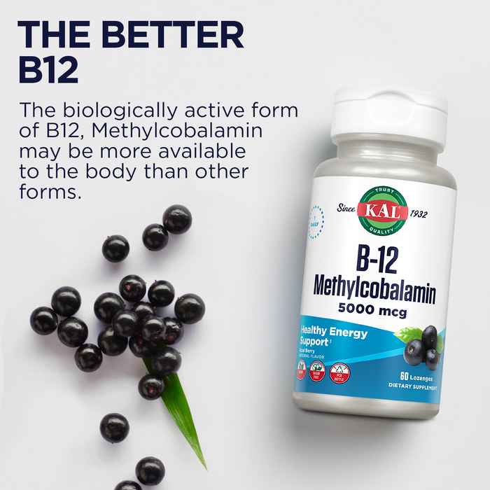 KAL Vitamin B-12 Methylcobalamin Lozenges 5000mcg, Healthy Energy, Metabolism, Nerve & Red Blood Cell Support,* Optimal Absorption, Natural Acai Flavor, Vegan, Sugar Free, 60 Servings, 60 Lozenges