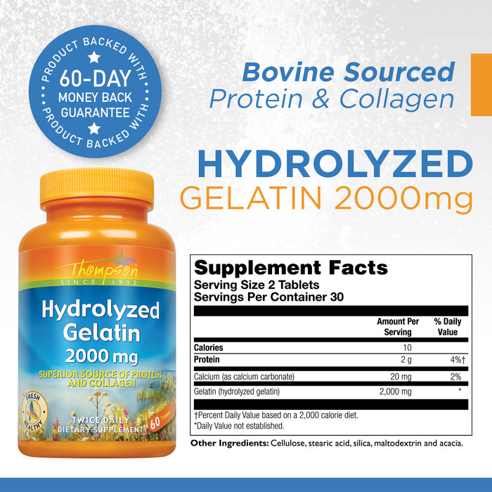 Thompson Hydrolyzed Gelatin 2000mg | Bovine-Sourced Protein & Collagen for Healthy Cells & Nails Support | Enhanced Absorption | 60 Tablets