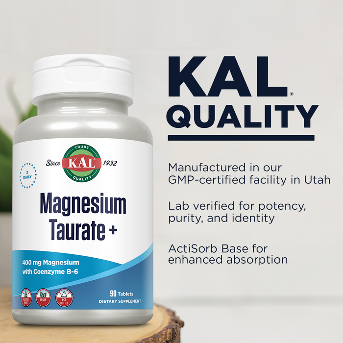 KAL Magnesium Taurate 400mg Plus Vitamin B6, Chelated Magnesium Supplement, High Absorption Magnesium Complex, Muscle and Heart Health Support, Vegan, Gluten Free, 60-Day Guarantee (45 Serv, 90 Tablets)