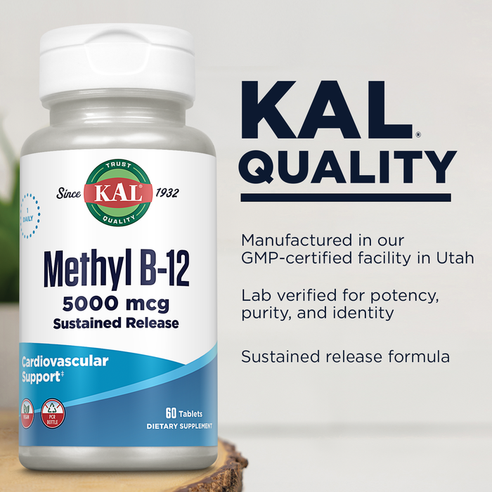 KAL Methyl B-12 5000 mcg Sustained Release Supplement, Healthy Energy, Metabolism, Heart, Nerve and Red Blood Cell Support, High Potency Methylcobalamin B12 Vitamin, Vegan, 60 Servings, 60 Tablets