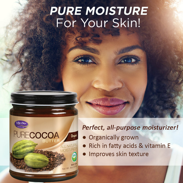 Life-flo Pure Cocoa Butter, Soothing Moisturizer for Dry Skin Care, Smooths and Nourishes, Doubles as Lip Balm, Nail / Cuticle Cream, Hand and Body Lotion, 60-Day Guarantee, Not Tested on Animals, 9oz (Cocoa Butter)