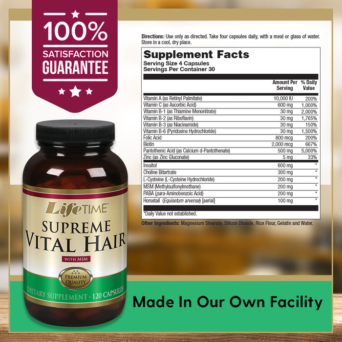 Lifetime Supreme Vital Hair | Supports Healthy Hair, Nails & Skin | Biotin, MSM, Vitamins B, C, & A, Zinc, Horsetail & More | 120 Capsule, 30 Serving