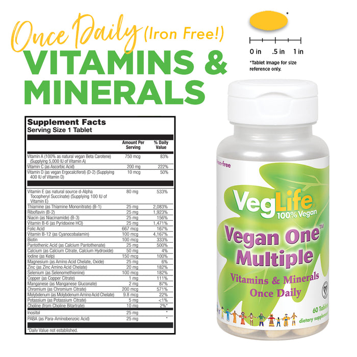 VegLife Vegan One Multiple, Iron-Free | Once Daily Multivitamin & Mineral Complex | Certified Vegan | 60 Tabs, 60 Serv.