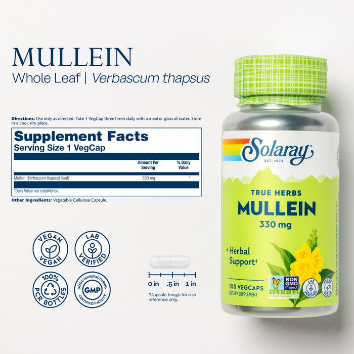 100ct Solaray Mullein Leaf 330 mg - Soothing Herbal Support - Traditionally Used to Support Health and Wellness - Vegan, Non-GMO, Lab Verified, 60-Day Money-Back Guarantee, 100 Servings, 100 VegCaps