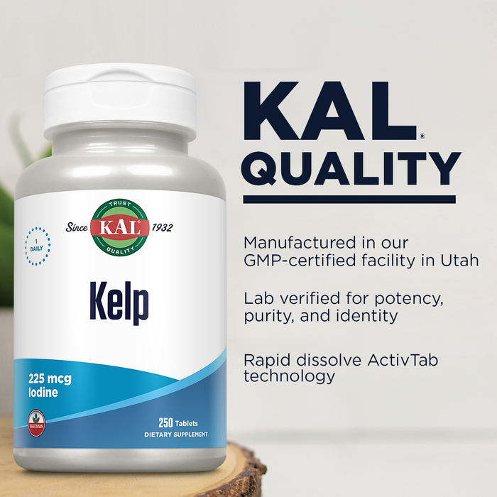 KAL Kelp Supplement Yielding 225mcg Iodine for Thyroid Support, Energy and Metabolism Support, High in Iron and Potassium, Vegetarian, Rapid Dissolve ActivTabs, 60-Day Guarantee, 250 Serv, 250 Tablets