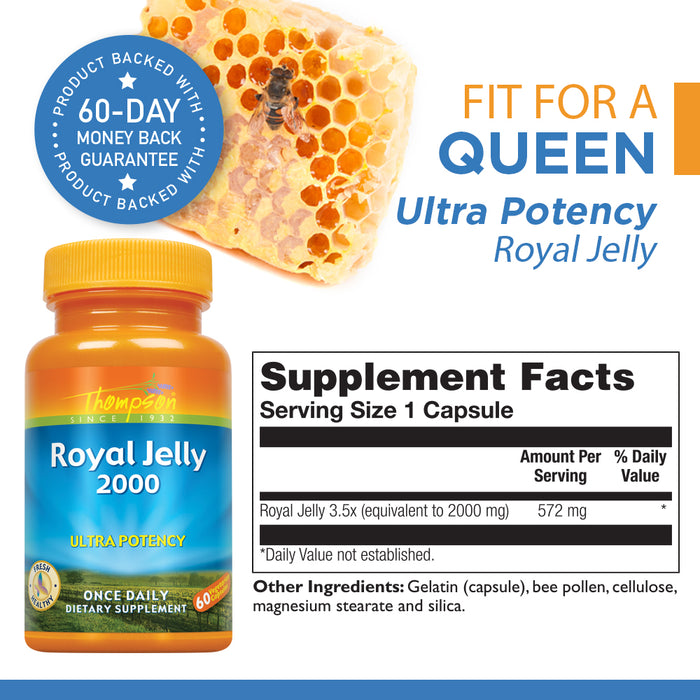 Thompson Royal Jelly Ultra Potency, 2000 Mg | Protein-Based Bee Product | Natural Source of Trace Vitamins & Minerals | 60 Vegetarian Capsules