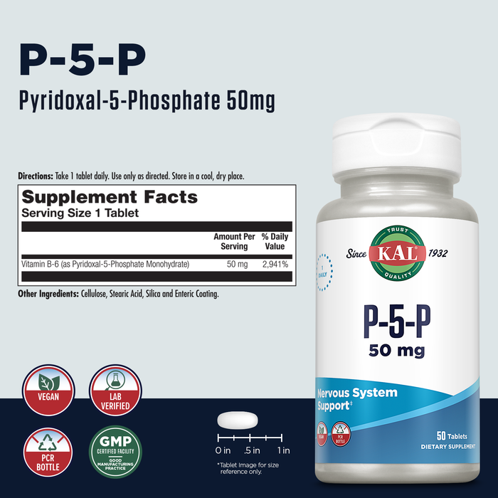 KAL P-5-P Vitamin B6 50mg - Pyridoxal 5 Phosphate - Nervous System Supplements - Red Blood Cell Synthesis and Nerve Support - Enteric Coated - Vegan, 60-Day Guarantee - 50 Servings, 50 Tablets