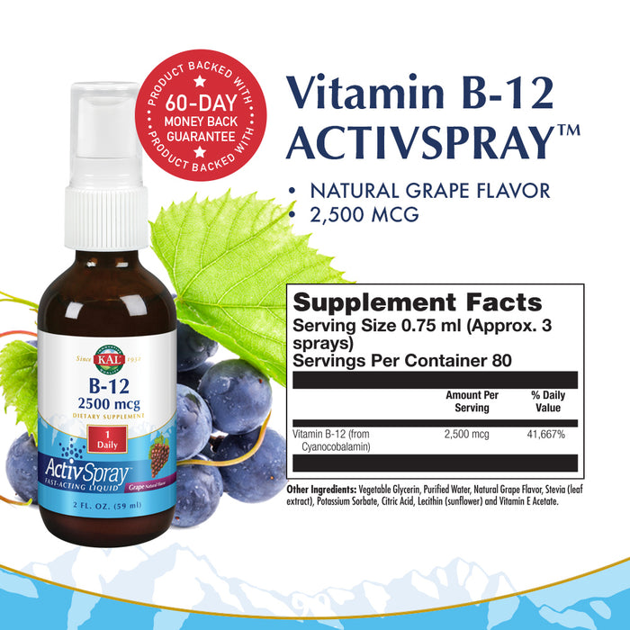 KAL B-12 ActivSpray 2500 mcg | Natural Grape Flavor | Healthy Metabolism, Energy, Nerve & Red Blood Cell Support | 2oz Liquid | 80 Servings