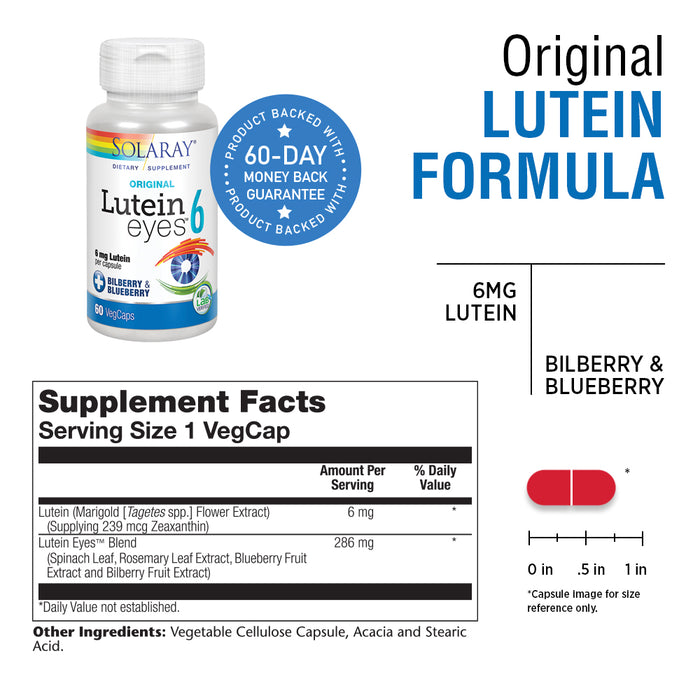 Solaray Original Lutein Eyes, 6 mg | Eye & Macular Health Support Supplement w/ Naturally Occurring Lutein and Zeaxanthin | Non-GMO | Vegan (60 CT)