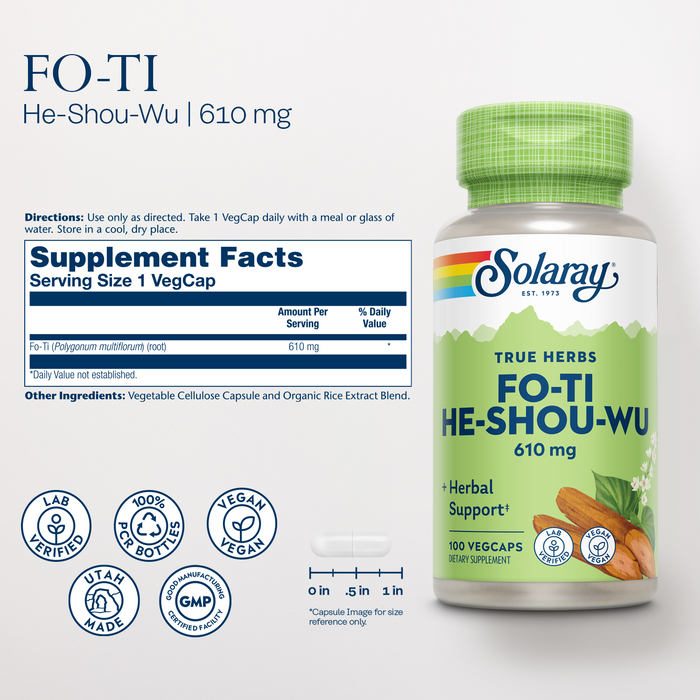 Solaray Fo-Ti 610 mg - Herbal Support for Aging, Longevity, and Hair, Skin & Nails - Vegan - 60-Day Money-Back Guarantee - 100 Servings, 100 VegCaps