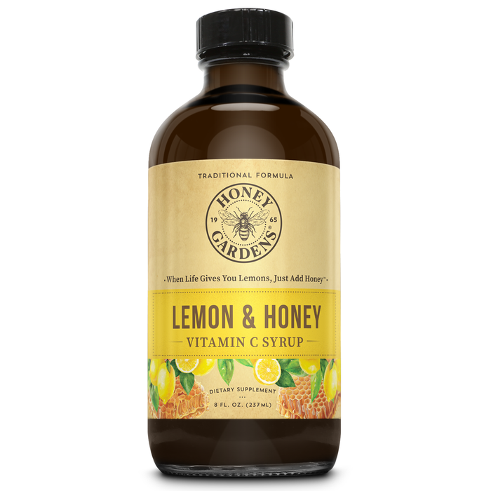 Honey Gardens Lemon and Honey Syrup, With 170 mg of Vitamin C and 3 mg of Zinc, Honey & Lemon Apitherapy Formula Includes Raw Honey, Organic Apple Cider Vinegar, Echinacea Blend, Rose Hips and More, 8 FL. OZ. 48 Servings