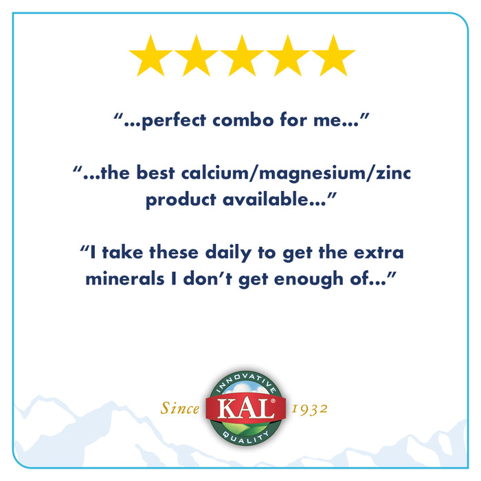 KAL Cal/Mag/Zinc | 1000 mg of Calcium, 400 mg of Magnesium & 15 mg of Zinc | Healthy Bones, Muscle, Heart & Immune Function Support (250 CT)