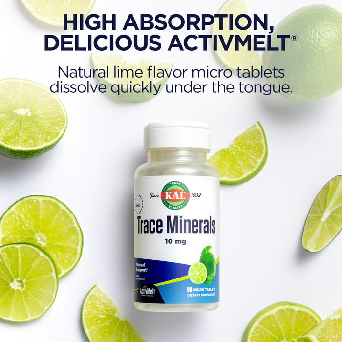 KAL Trace Minerals, 10 mg Mineral Supplements, Natural Lime Flavor Trace Minerals Supplements, Instant Dissolve ActivMelt Tablets for Optimal Trace Mineral Absorption, 90 Servings, 90 Micro Tablets