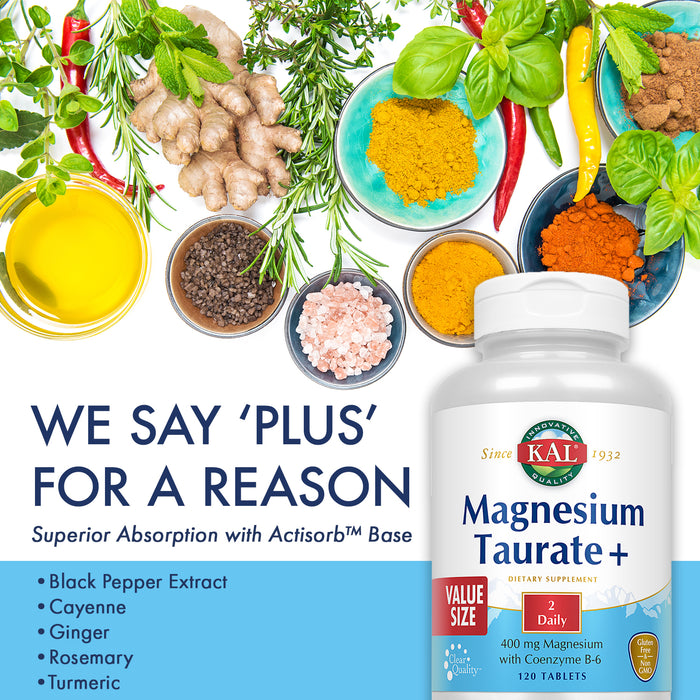 KAL Magnesium Taurate Plus 400mg w/ Coenzyme B6 | Highly Bioavailable, Chelated, Vegan (120 CT)