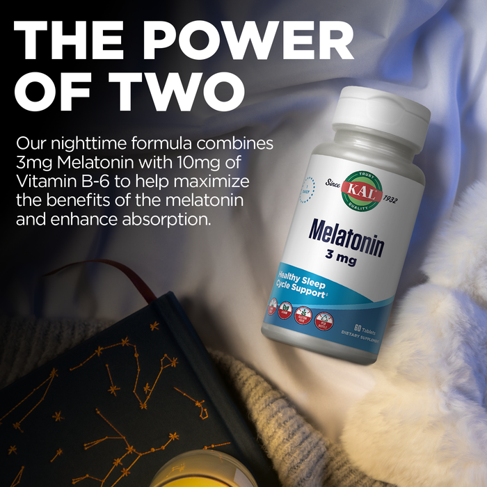 KAL Melatonin 3mg Sleep Aid, Fast Dissolve Melatonin Tablets, Calming Relaxation and Healthy Sleep Cycle Support, with Added Vitamin B6, Vegan, Gluten Free, Non-GMO (60 Servings, 60 ActivTabs)