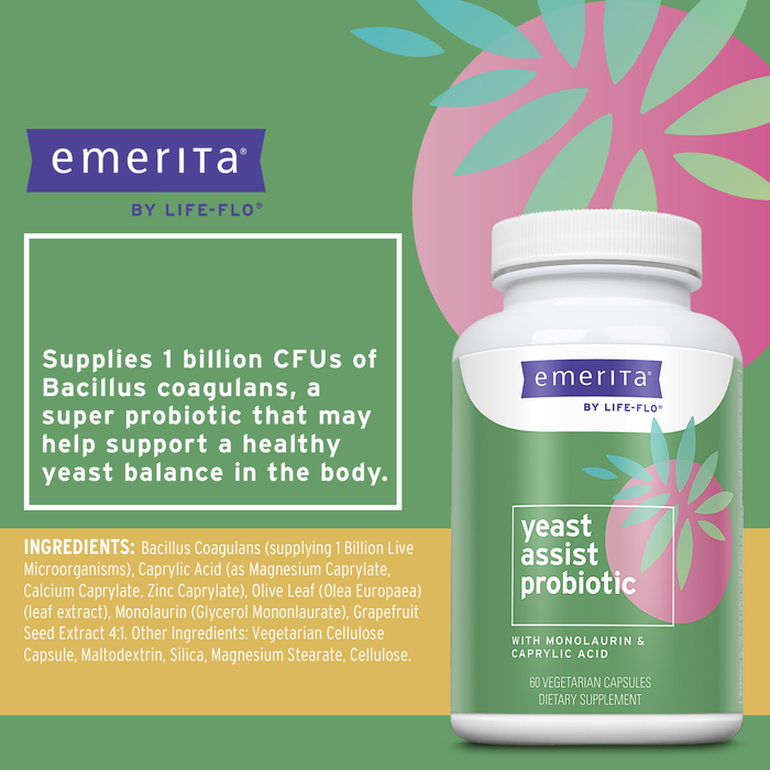 Emerita by Life-flo Yeast Assist Probiotics for Women - Yeast Cleanse, Vaginal, Immune and Gut Health Support - 1 Billion CFU Bacillus Coagulans Plus Monolaurin - Shelf Stable, 30 Servings, 60 VegCaps