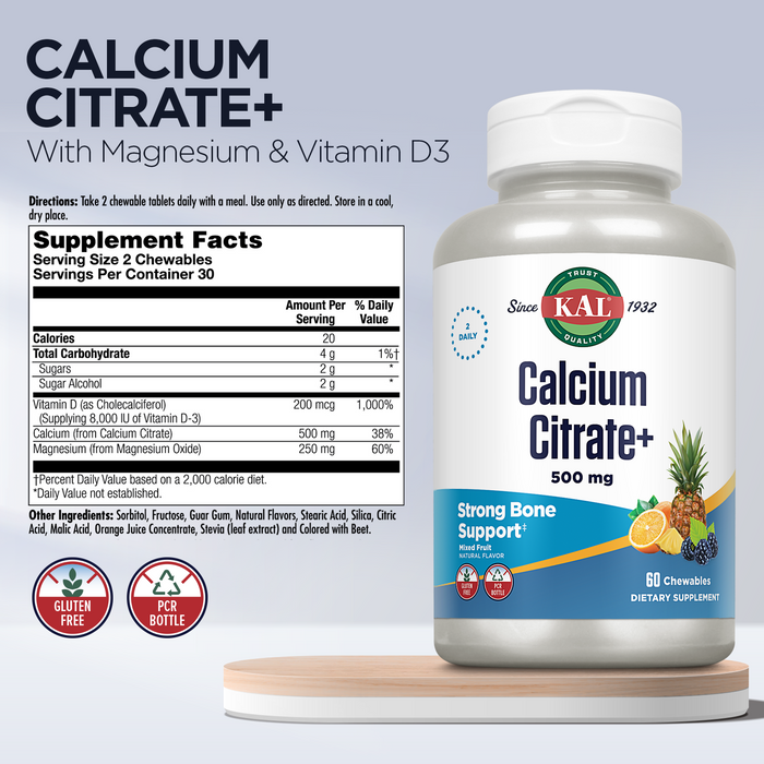 KAL Calcium Citrate + Magnesium & Vitamin D3, Healthy Bones, Teeth, Nerve & Muscle Function Support, Natural Mixed Fruit Flavor, Gluten Free, Lab Verified for Quality, 30 Servings, 60 Chewables