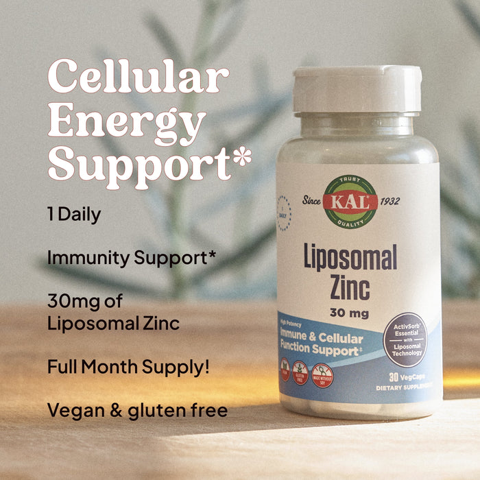 KAL Liposomal Zinc 30mg, Cellular Function and Immune Support Supplement, Enhanced Absorption Zinc Supplements, Vegan, Gluten Free, Soy Free, 30 Servings, 30 VegCaps