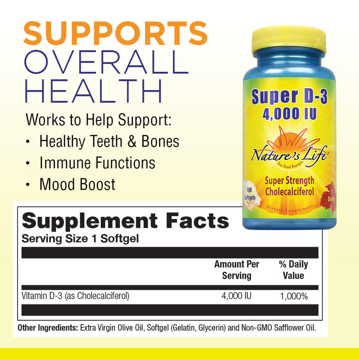 Nature's Life Super D-3 4000 IU | High Potency Vitamin D Supplement | May Support Healthy Bones, Teeth & Immune System | 100 Softgels