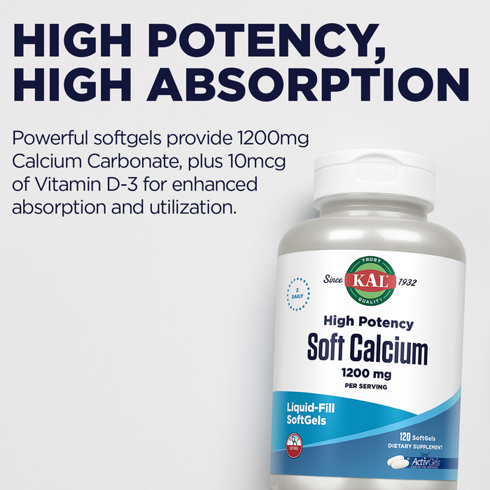 KAL Soft Calcium 1200 mg, High Potency Calcium Supplement with Vitamin D3, Bone Health, Strong Teeth, Immune Support, High Absorption ActivGels, Soy Free, 60-Day Guarantee, 60 Servings 120 Softgels