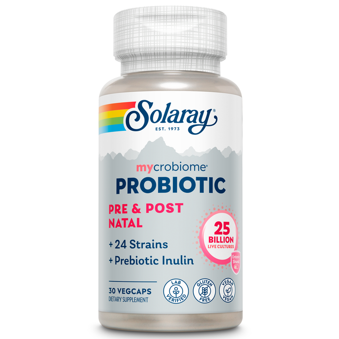 Solaray Mycrobiome Probiotic Pre and Post Natal Formula, Prenatal Probiotics for Women,  Pregnancy Wellness, Lactation, Stress, Mood, and Digestive Support, 25 Billion CFU, 30 Servings, 30 VegCaps