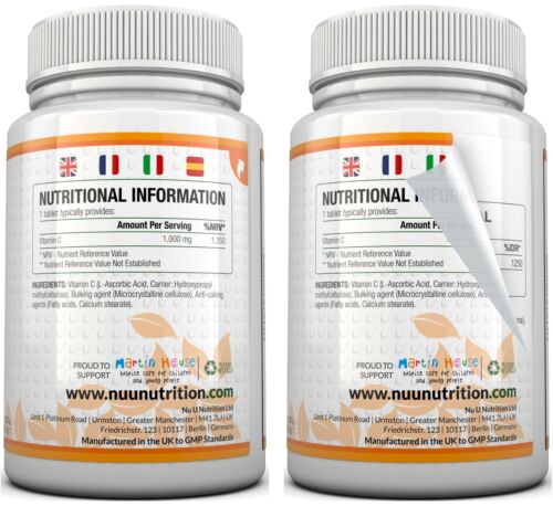 Vitamin C 1000mg 180 Tablets (6 Month's Supply) Ascorbic Acid by Nu U Nutrition